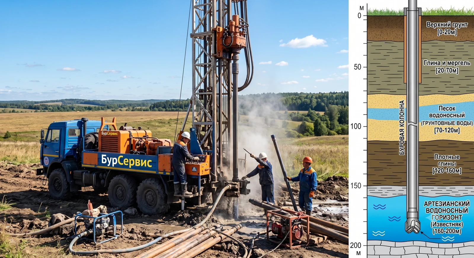 Артезианская скважина — буровая установка и схема водоносных горизонтов